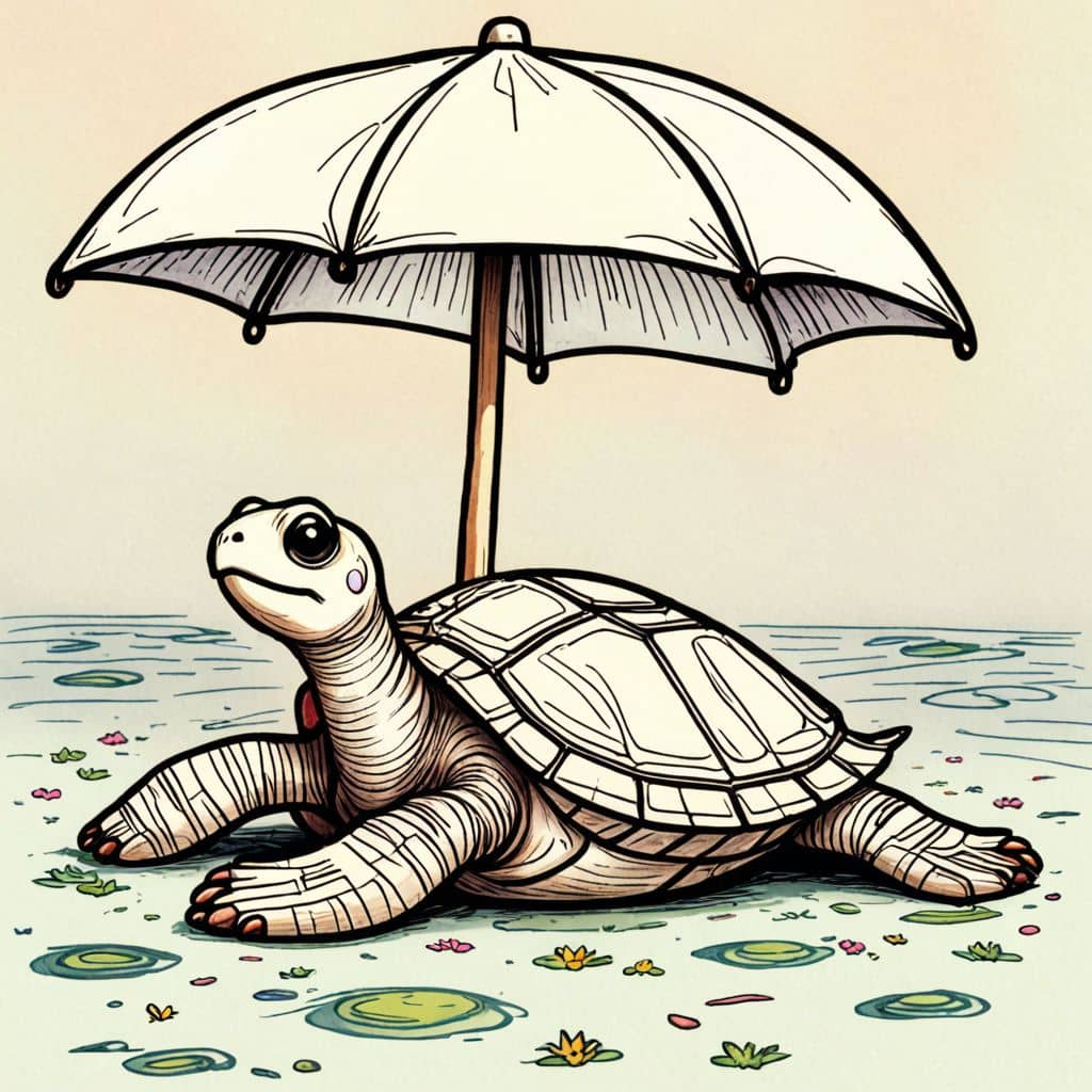 Colored Turtle relaxing under a beach umbrella