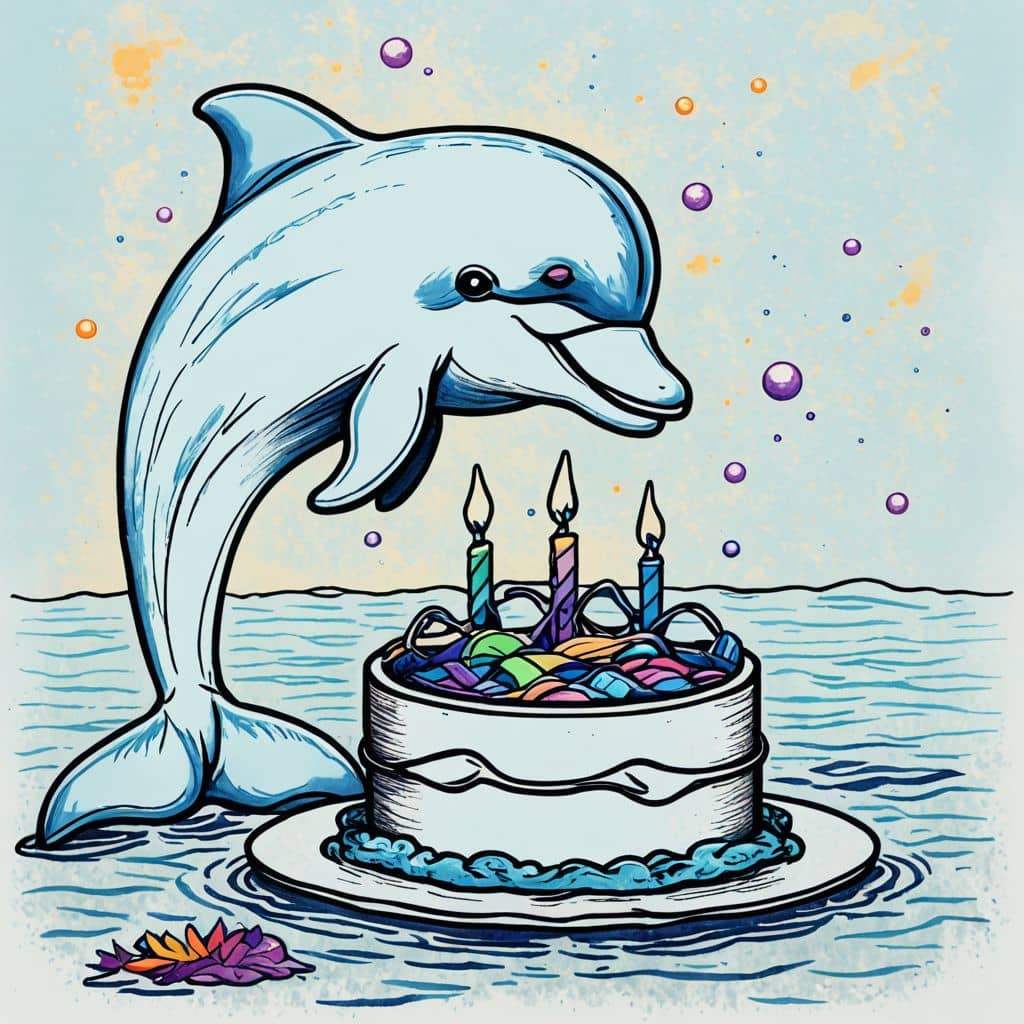 Colored Dolphin with a birthday cake