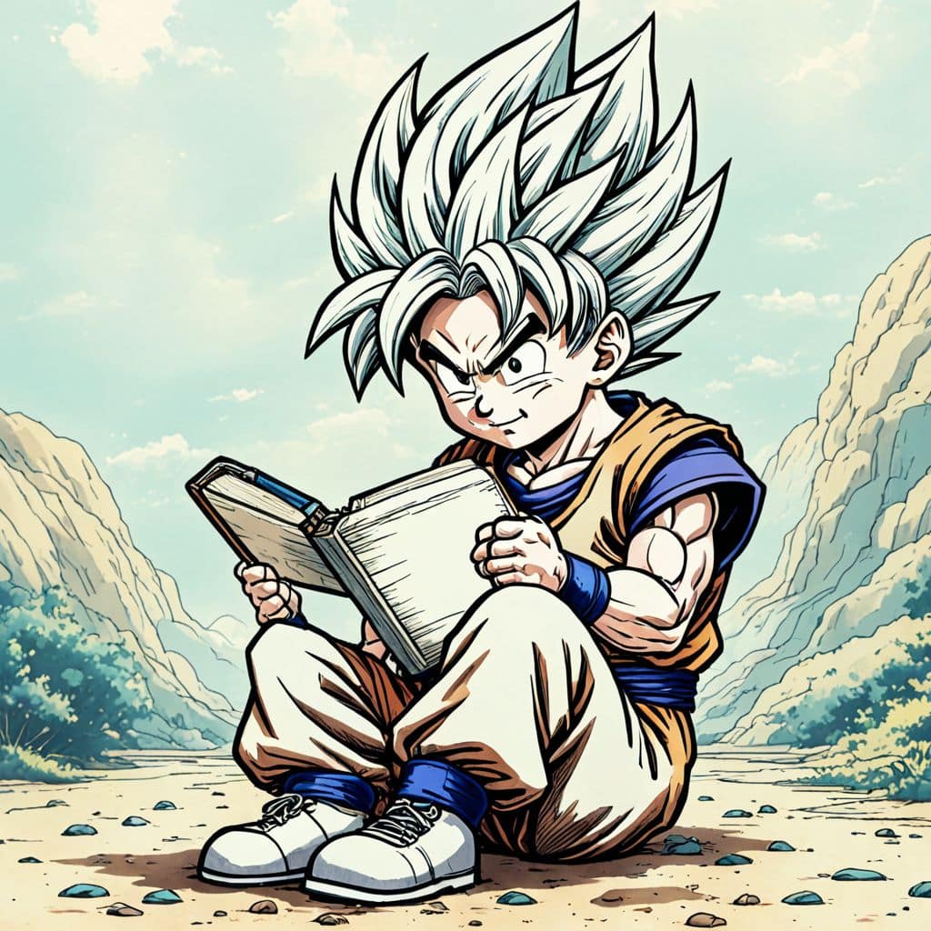 Colored Gohan - the half-Saiyan from Dragon Ball Z reading a storybook