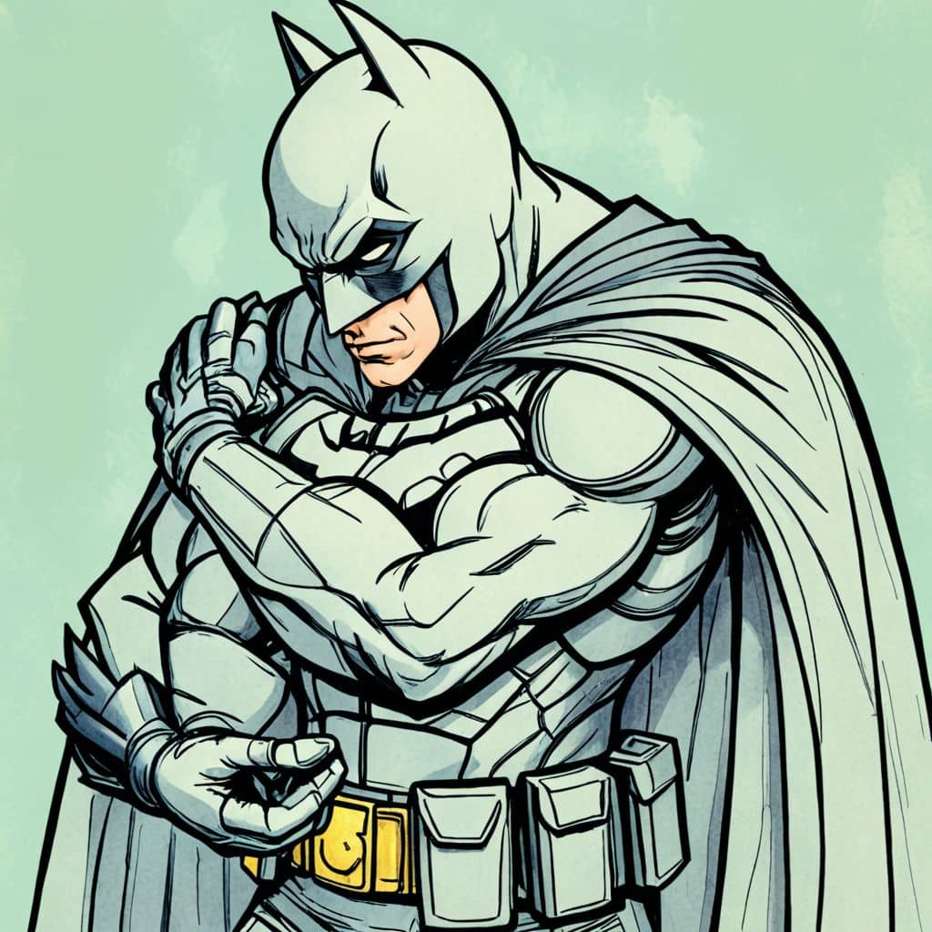 Colored Batman from DC Comics hugging a puppy