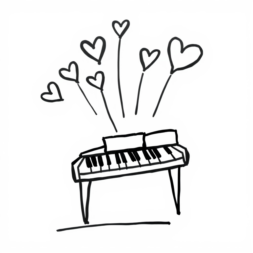 A piano emitting heart-shaped notes