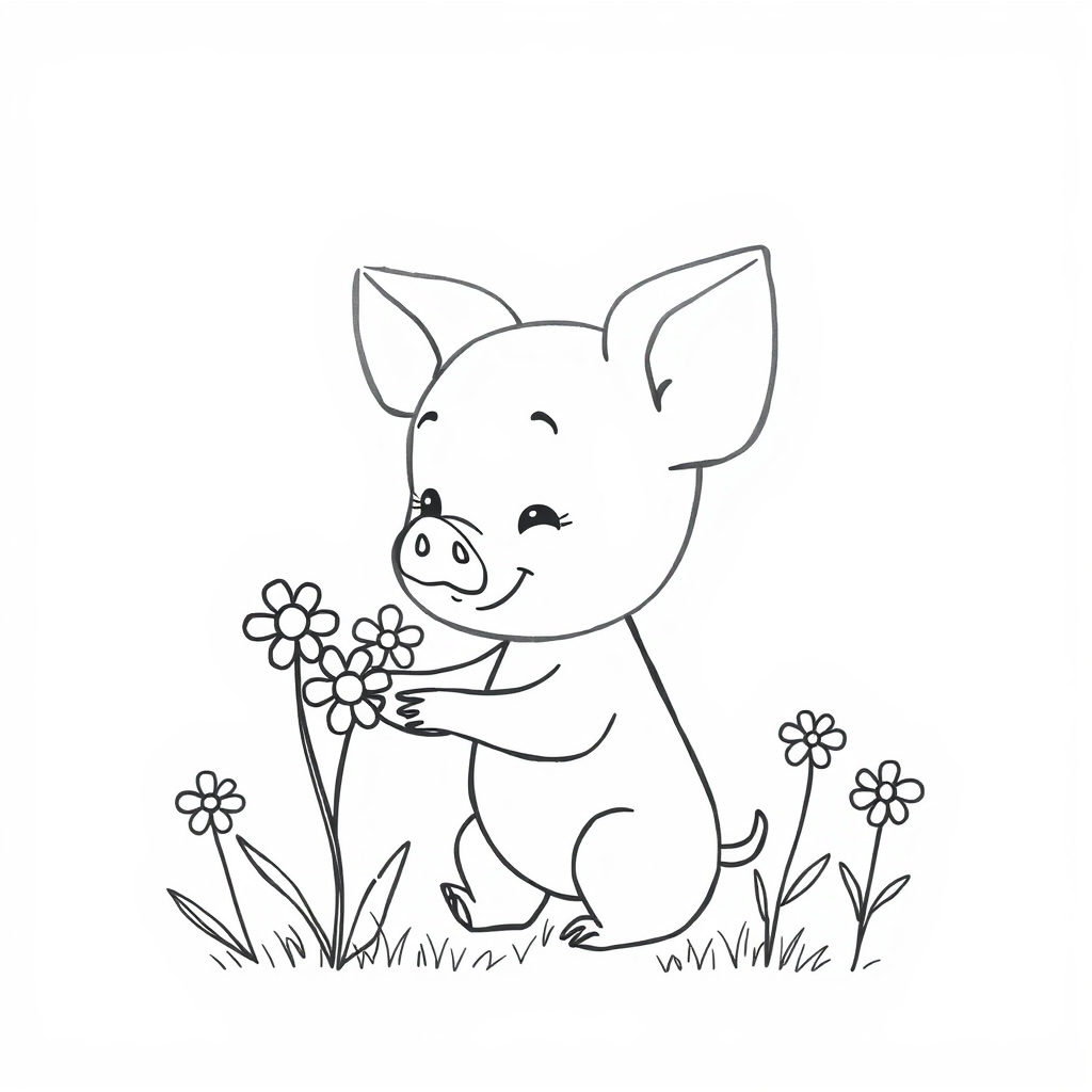 Piglet picking flowers