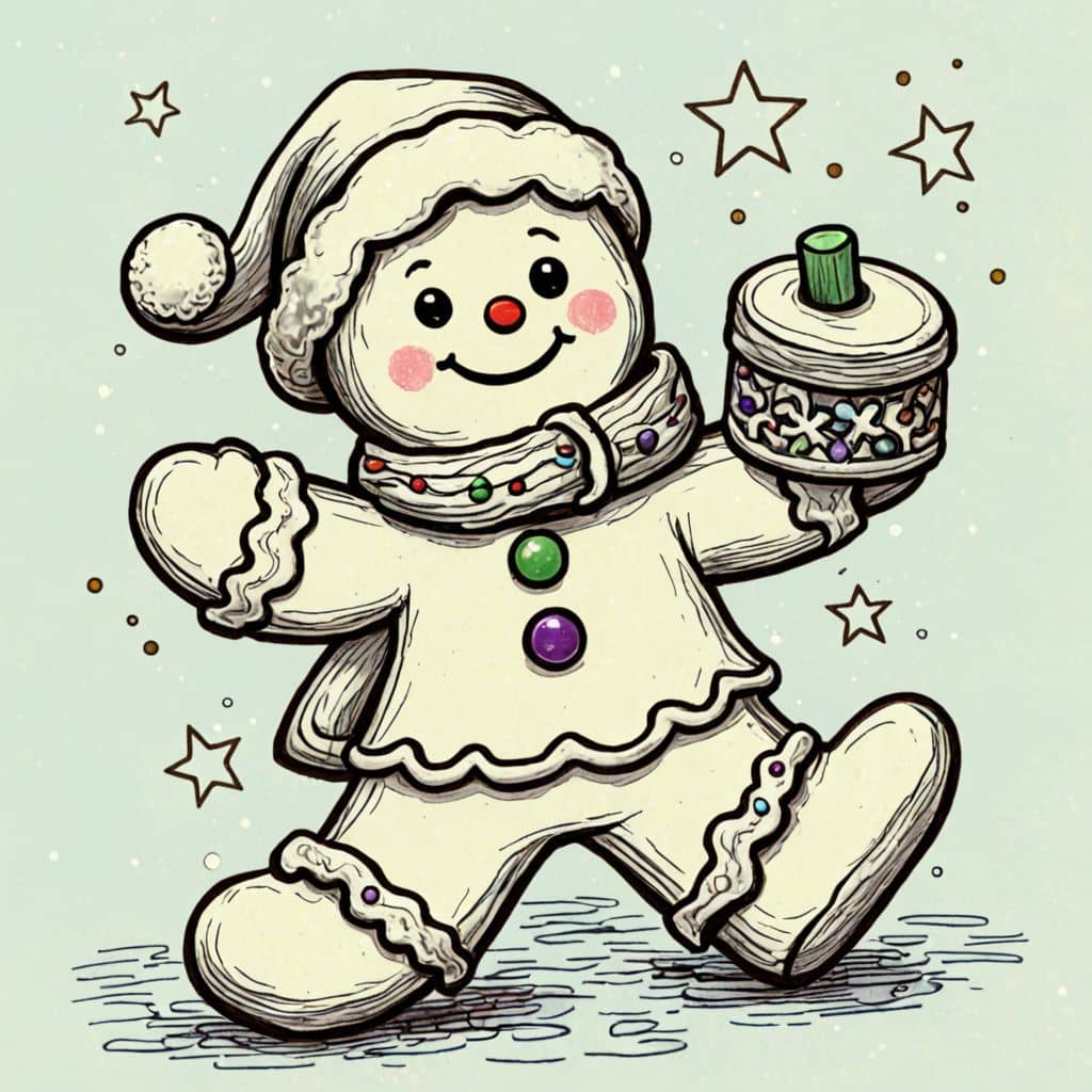 Colored Gingerbread Man playing with a toy drum