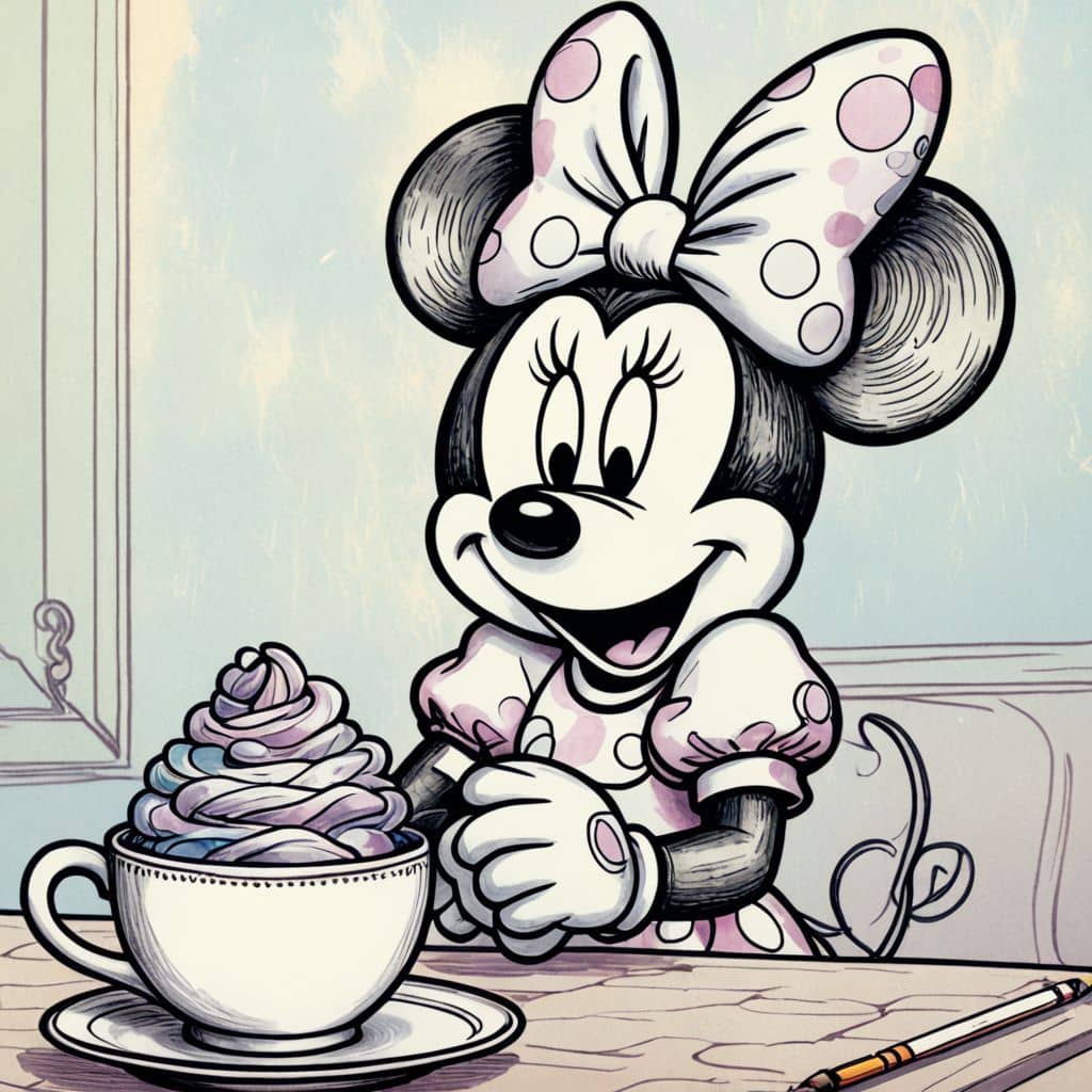 Colored Minnie Mouse - the Kawaii Disney character sipping hot chocolate