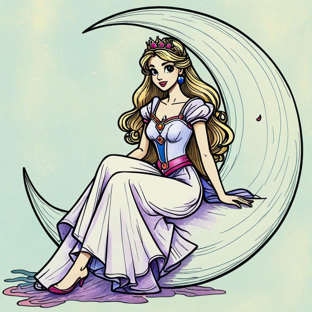 Colored Princess sitting on a crescent moon