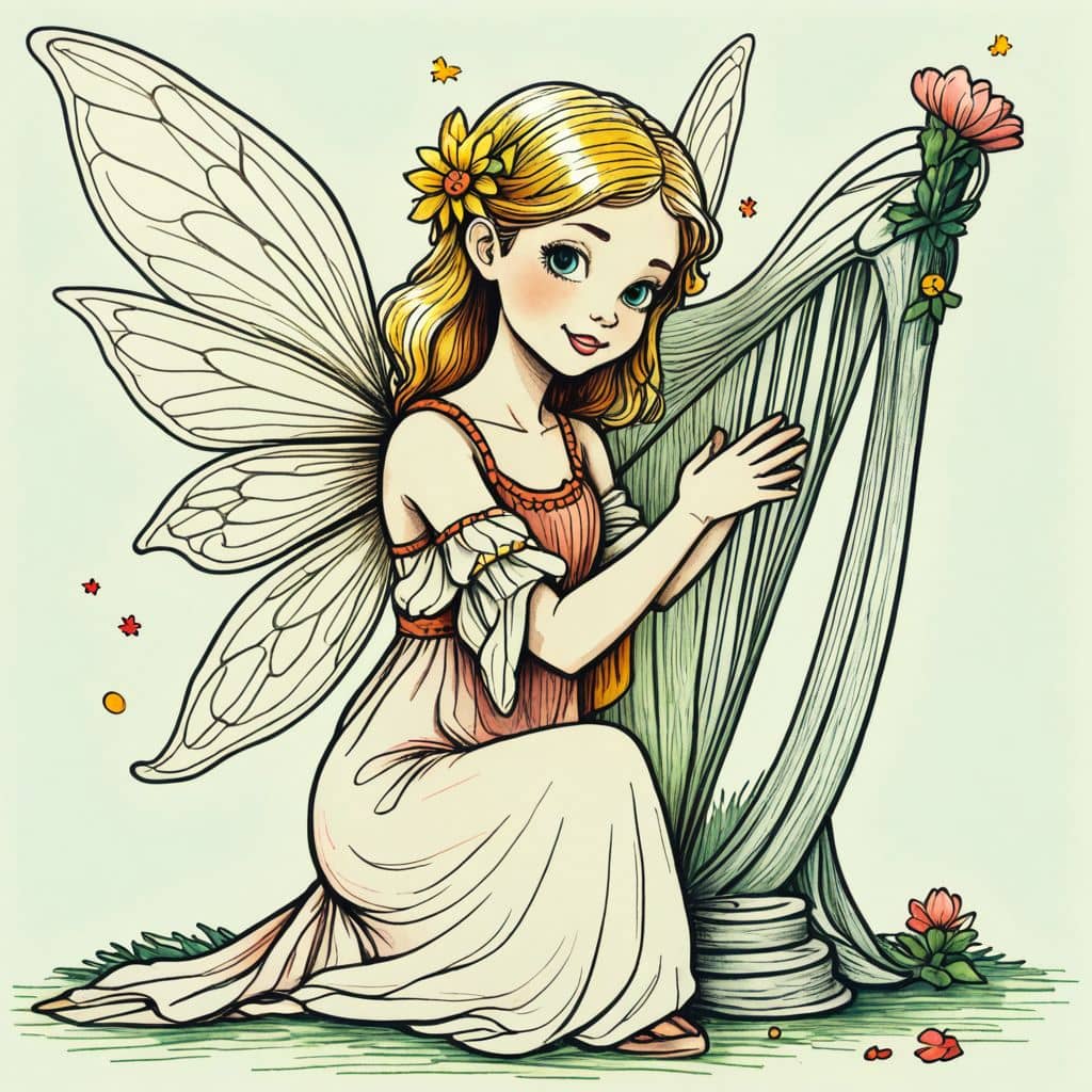 Colored Fairy playing a harp