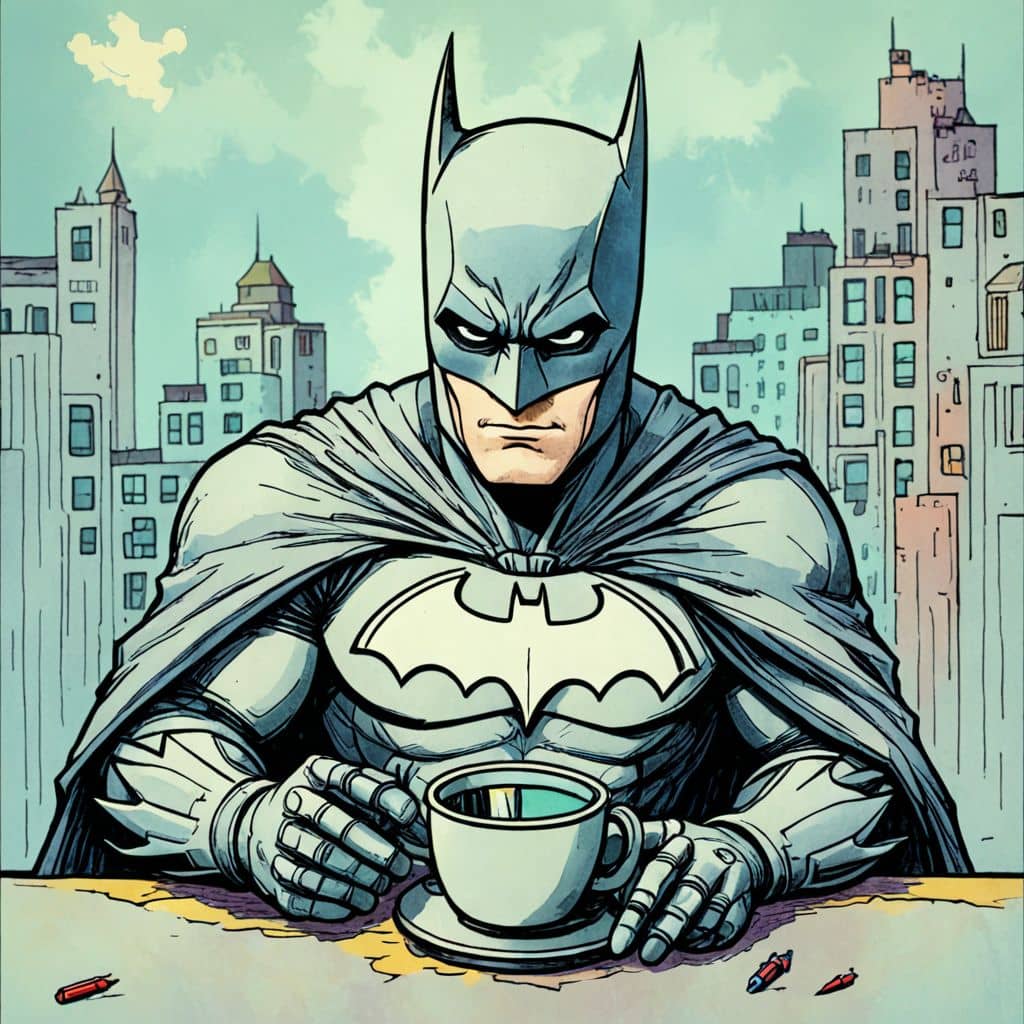 Colored Batman from DC Comics sipping hot cocoa