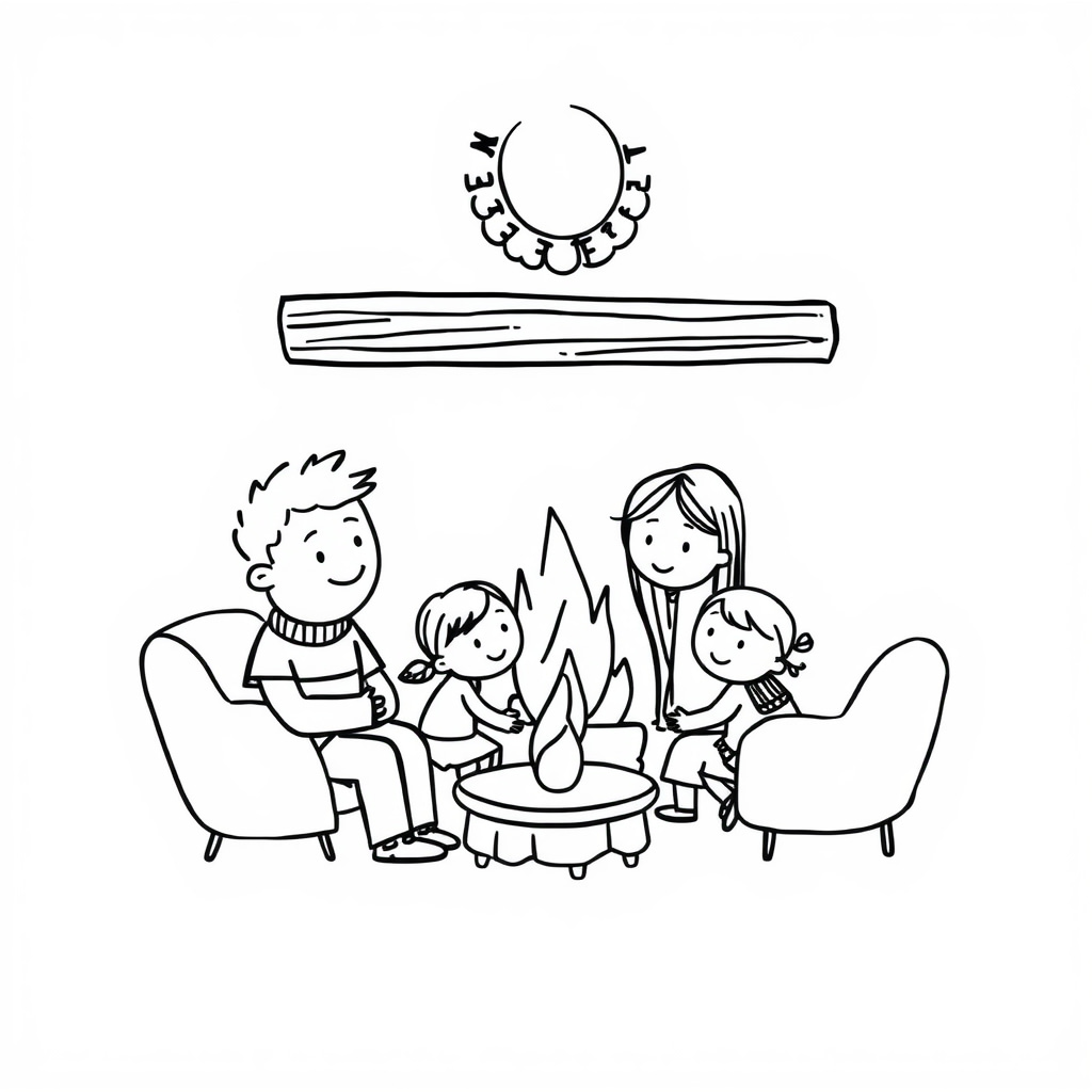 Family chatting by gentle fireplace