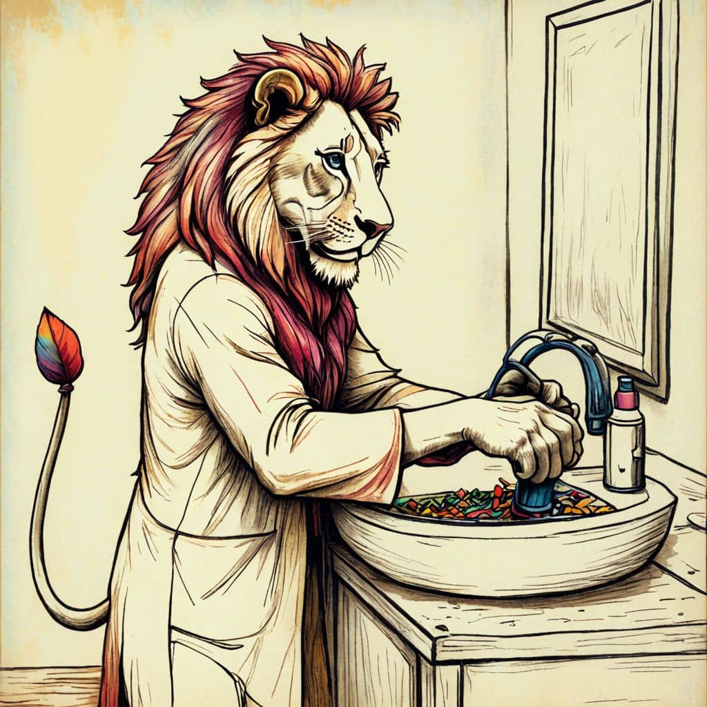 Colored Lion doctor washing hands at a sink