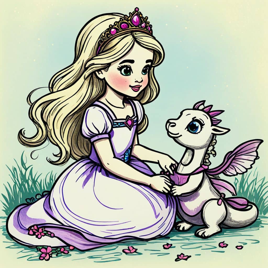 Colored Princess playing with a baby dragon