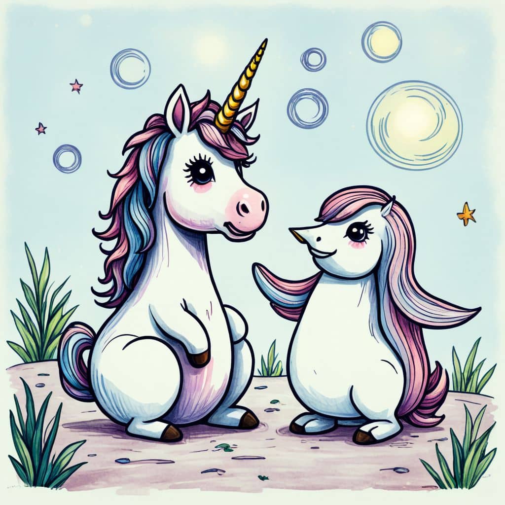 Colored Unicorn and penguin blowing bubbles
