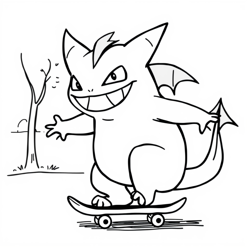 Gengar skateboarding at park.