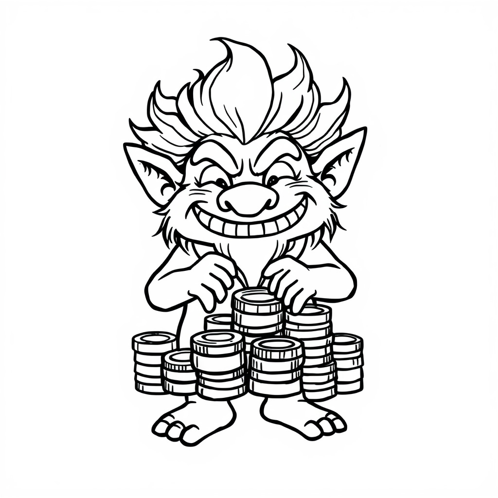 Golden troll counting stacks of coins.