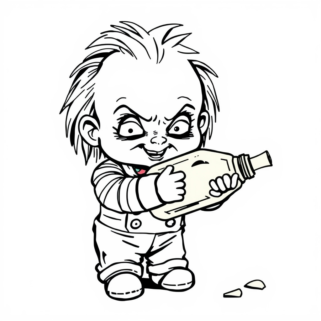 Chucky clutching a broken glass bottle.