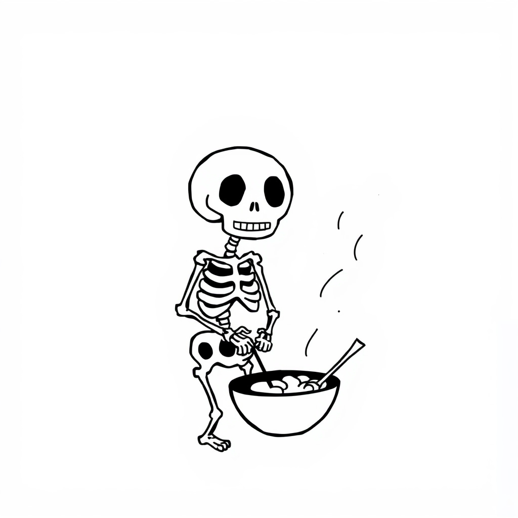 Skeleton cooking a meal.