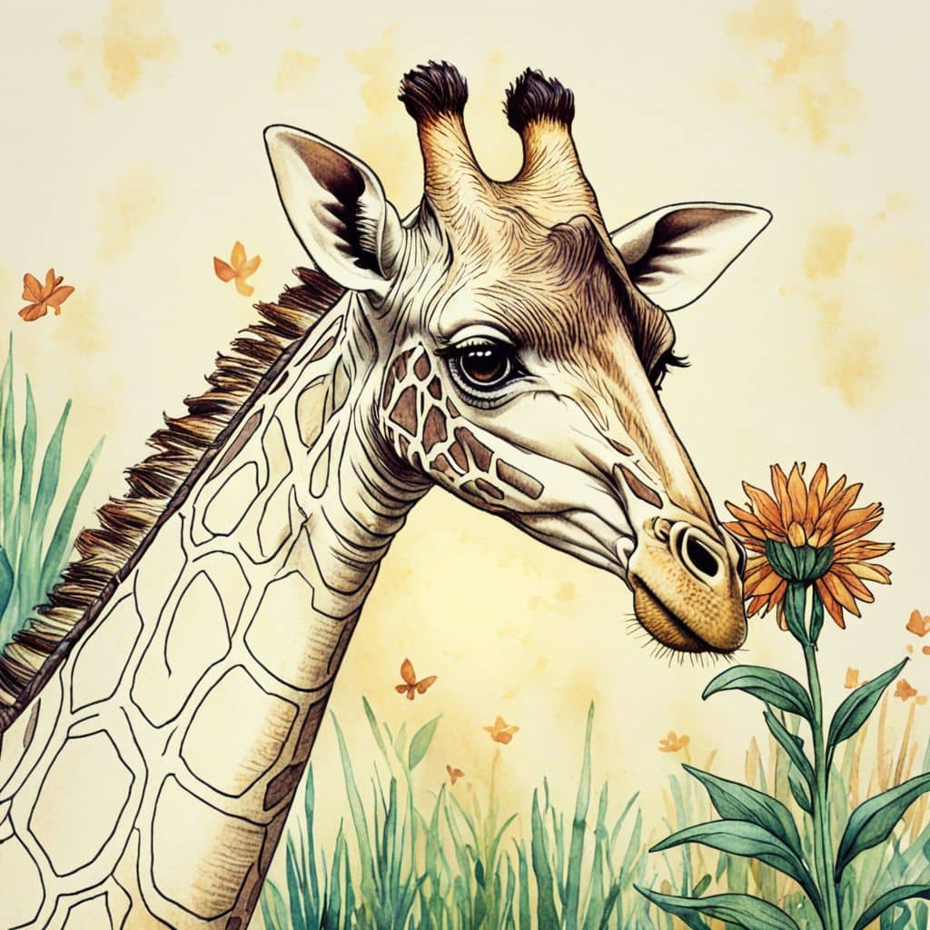 Colored Giraffe smelling an orange flower.
