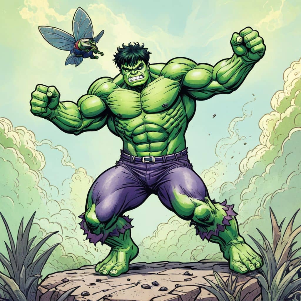 Colored Hulk - the hero from Marvel Comics dancing with a butterfly.