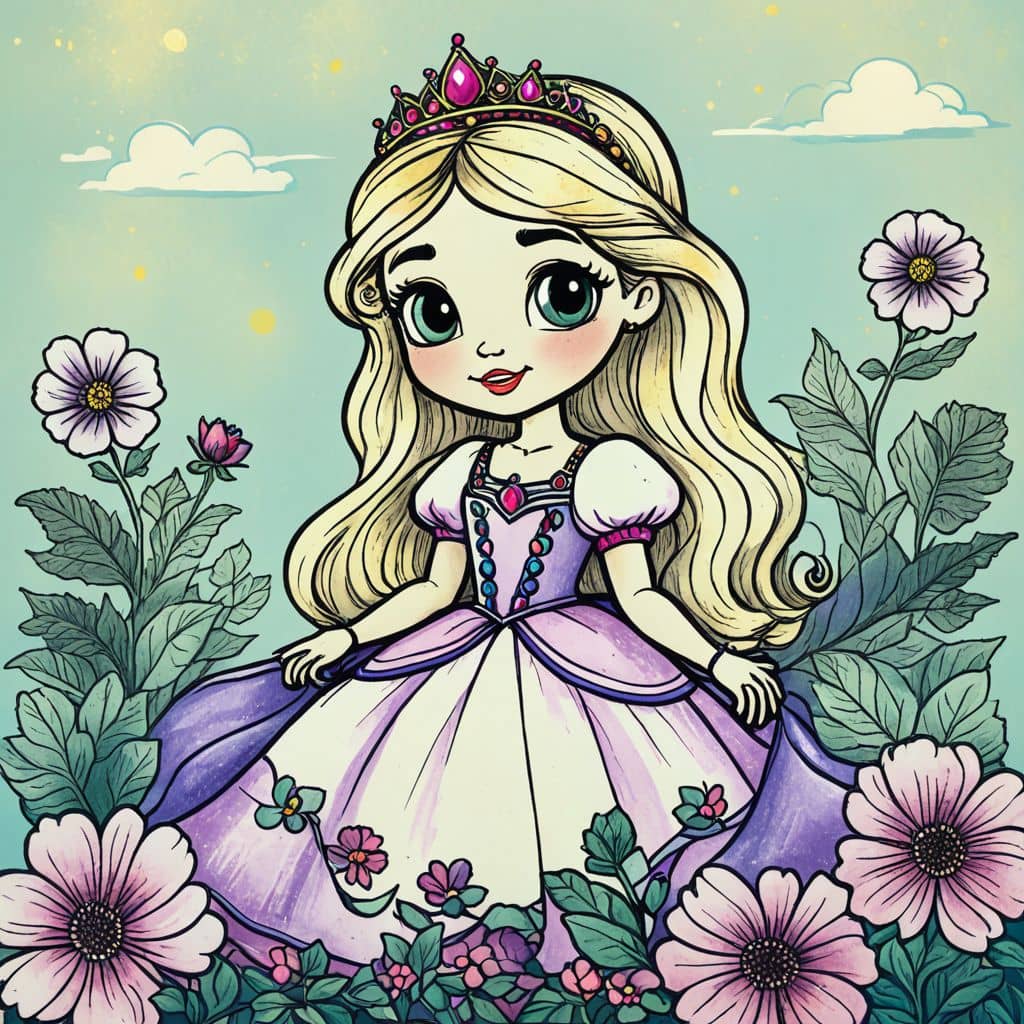 Colored Princess surrounded by blooming flowers.