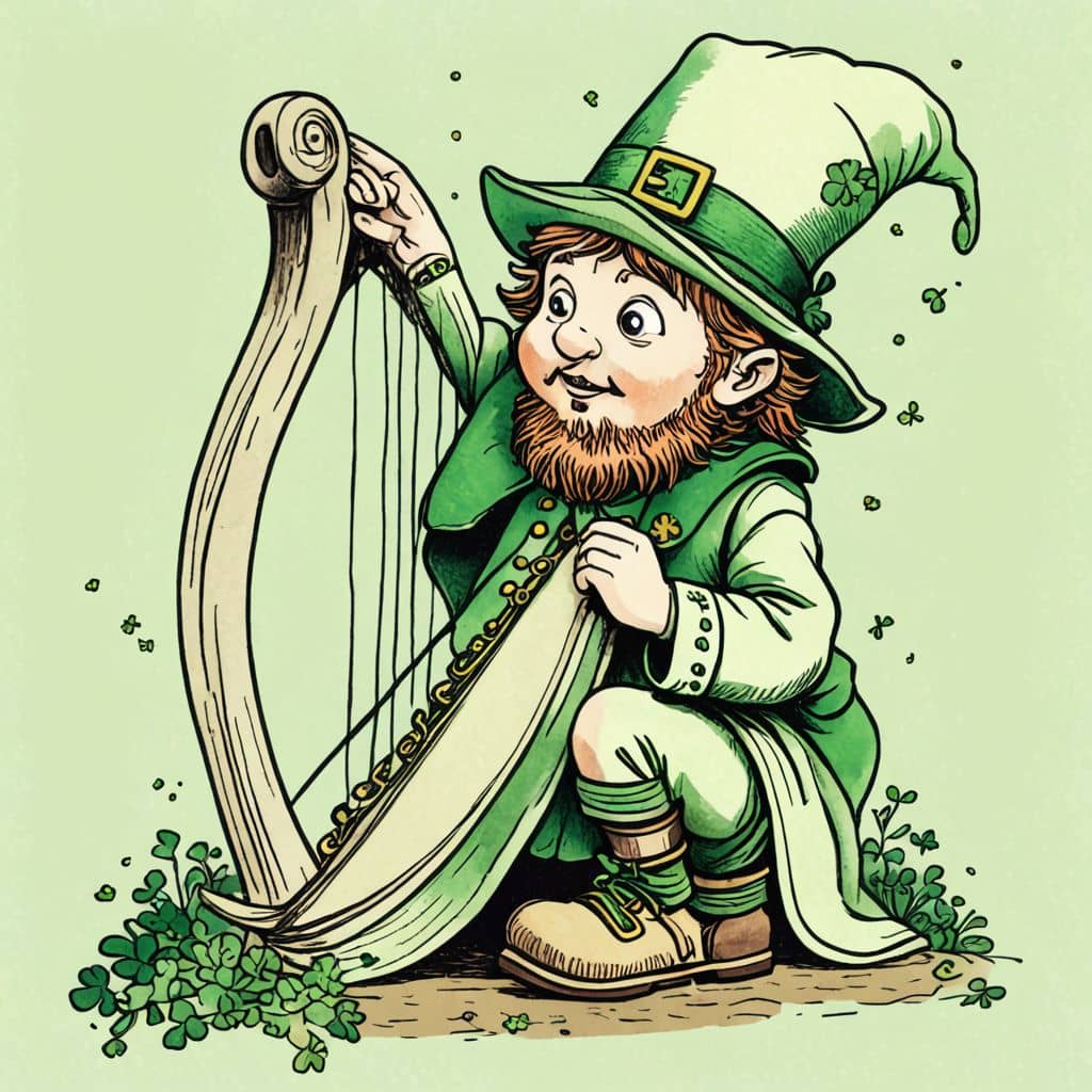 Colored Leprechaun playing a tiny harp.