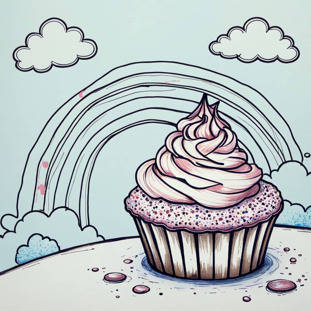 Colored Cupcake next to a rainbow.
