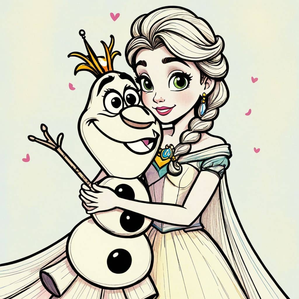 Colored Olaf hugging Elsa.