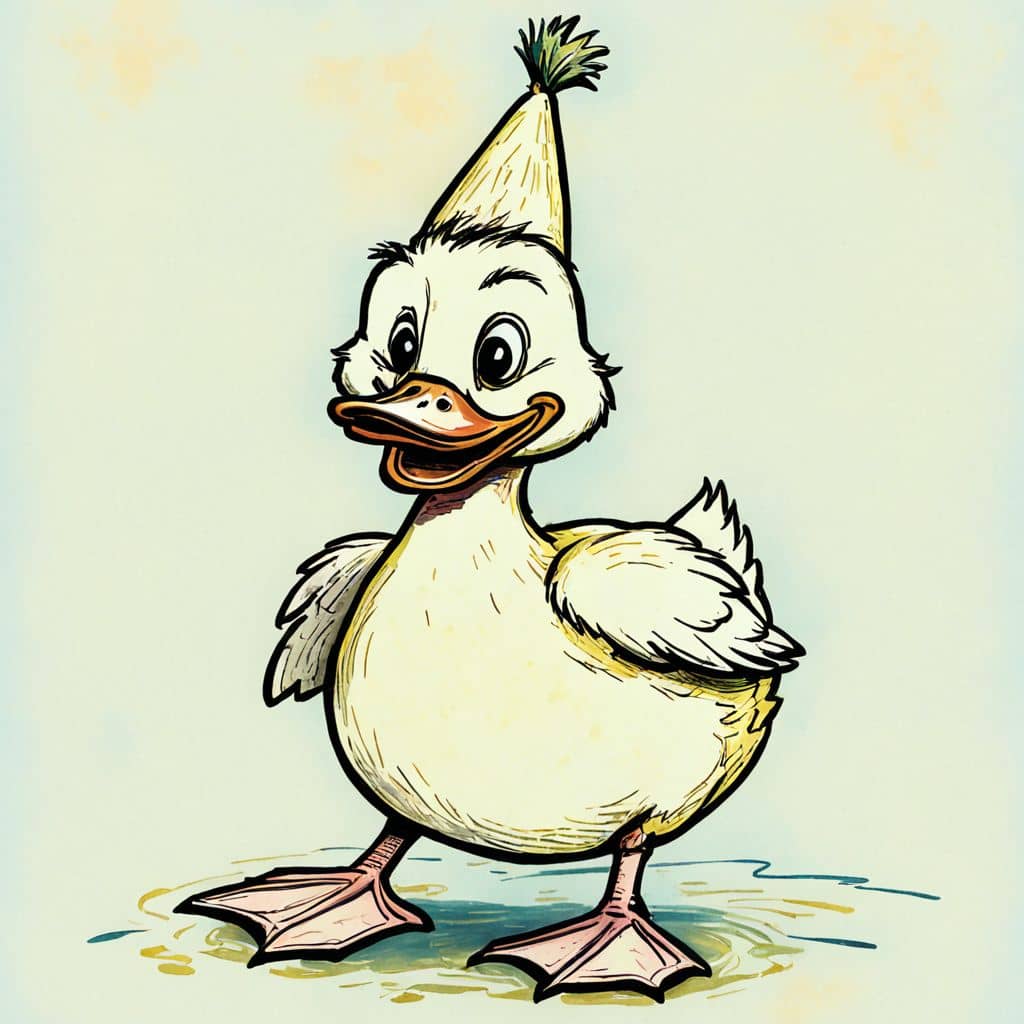 Colored Duck wearing a tiny party hat.