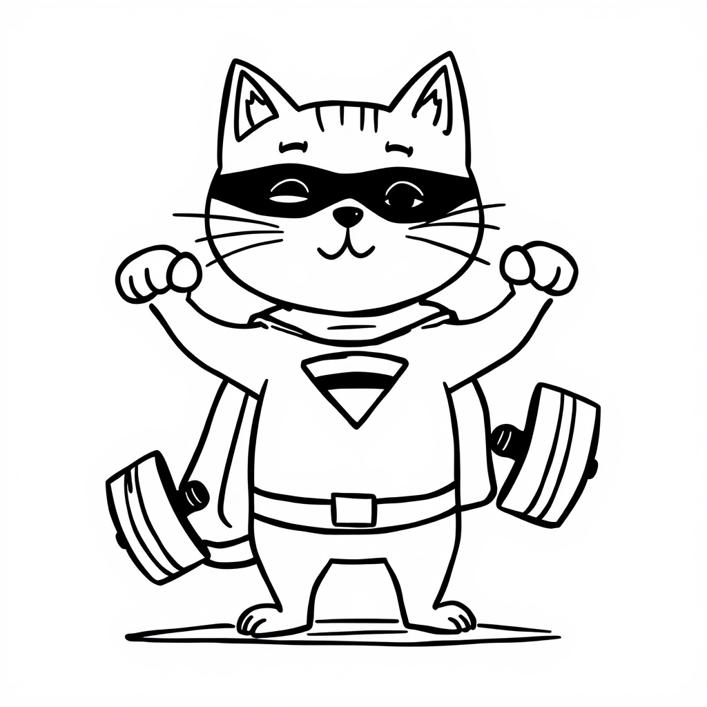 Superhero cat lifting weights