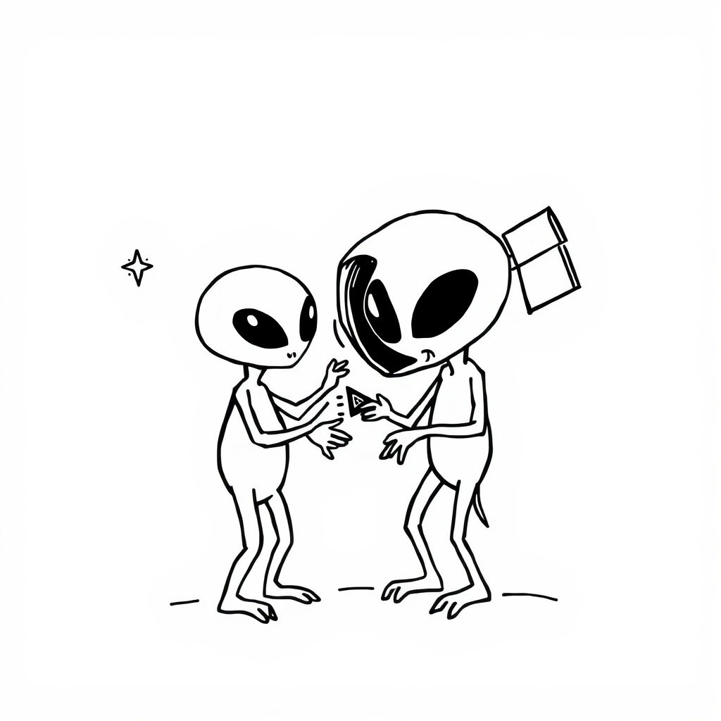 Alien friends fixing a broken satellite