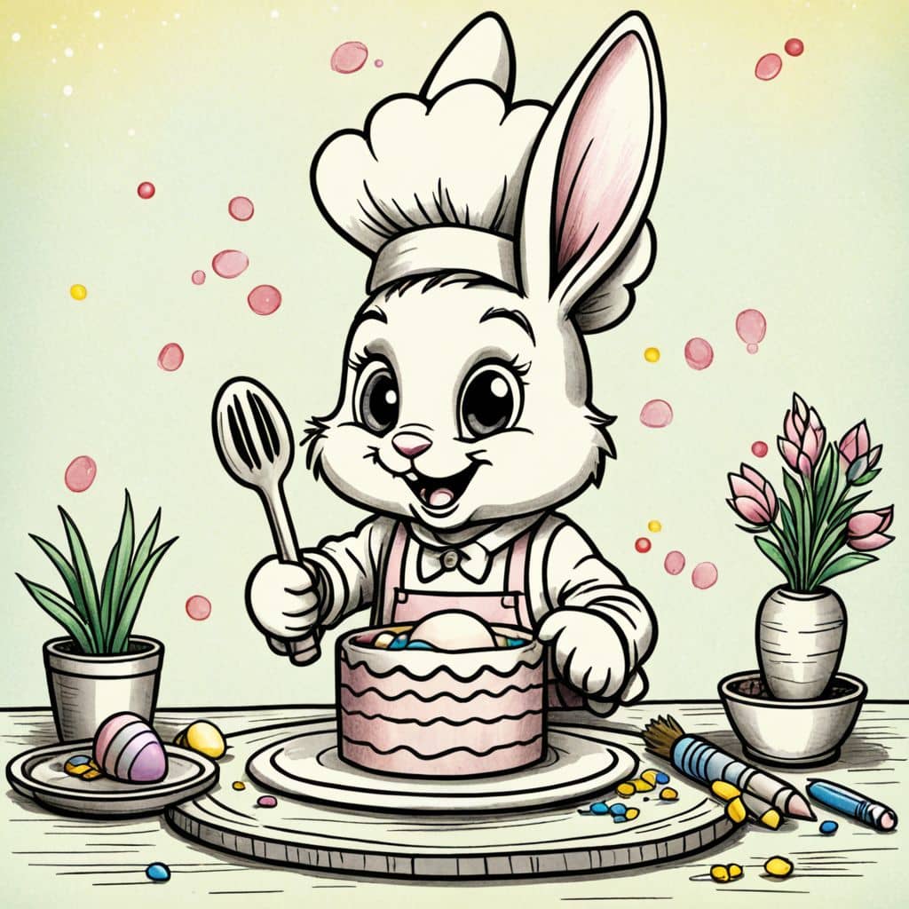 Colored Bunny chef baking carrot cake