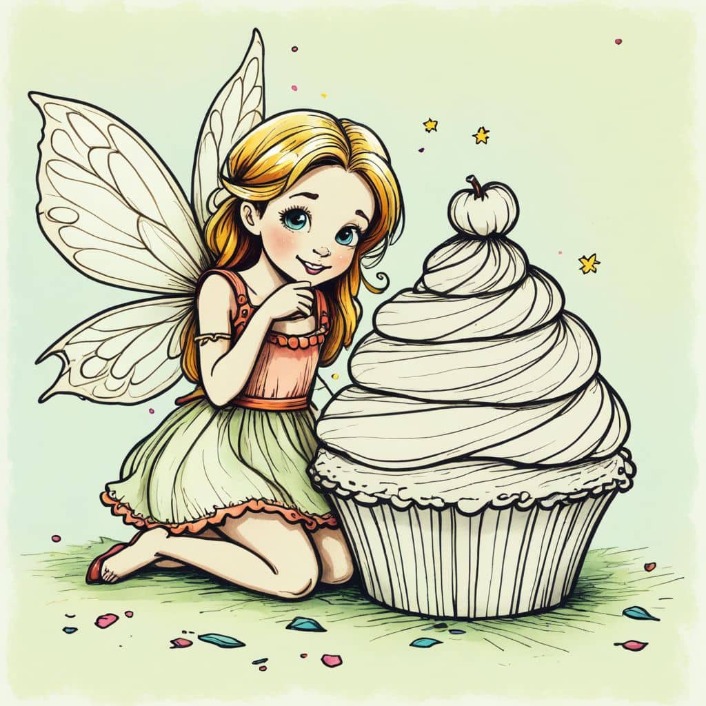Colored Fairy eating a giant cupcake