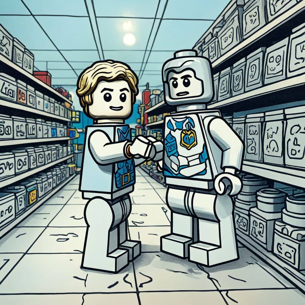 Colored Lego Spiderman in the candy aisle