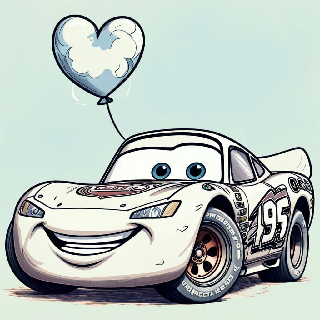 Colored Lightning McQueen from Cars holding a tiny heart balloon.