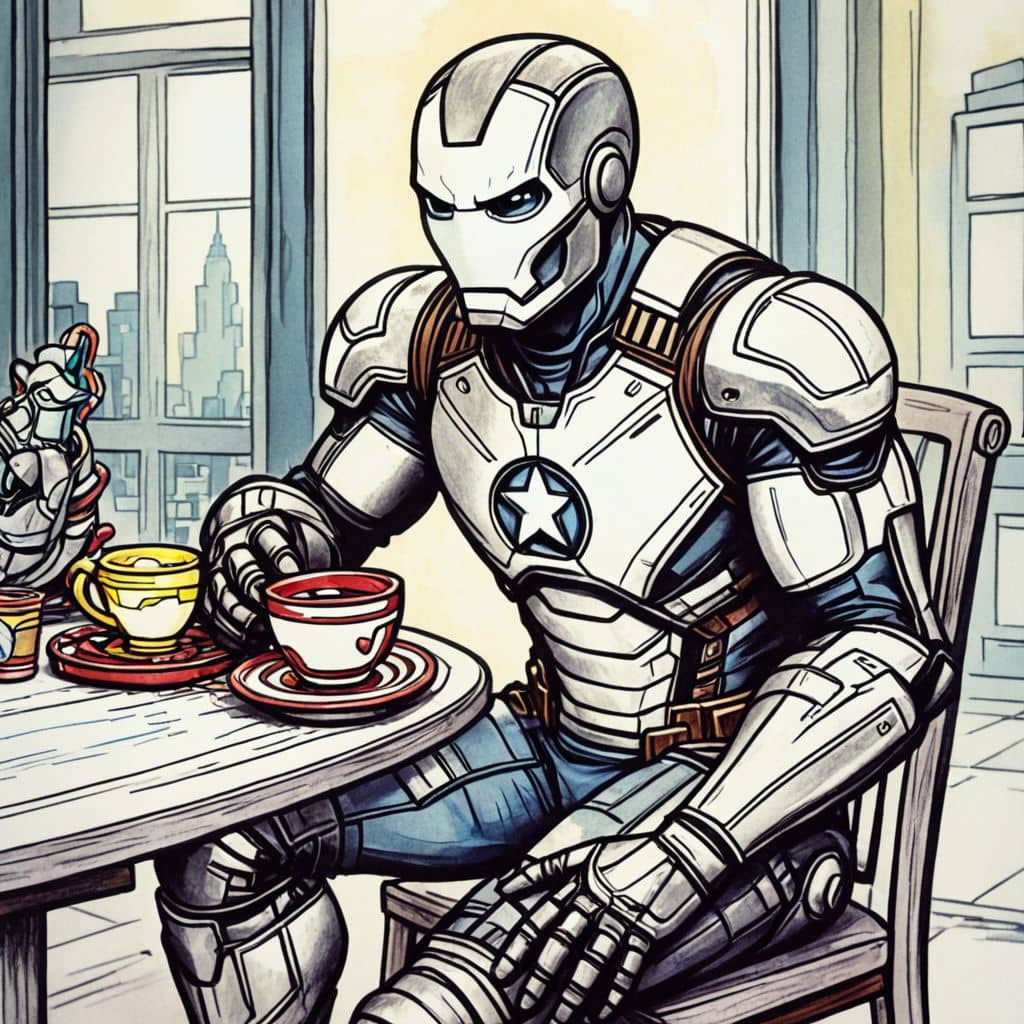 Colored Iron Man - Marvel superhero serving coffee at a cafe