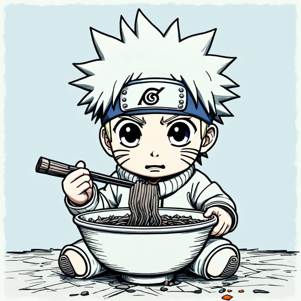 Colored Chibi Naruto from Naruto eating ramen with chopsticks