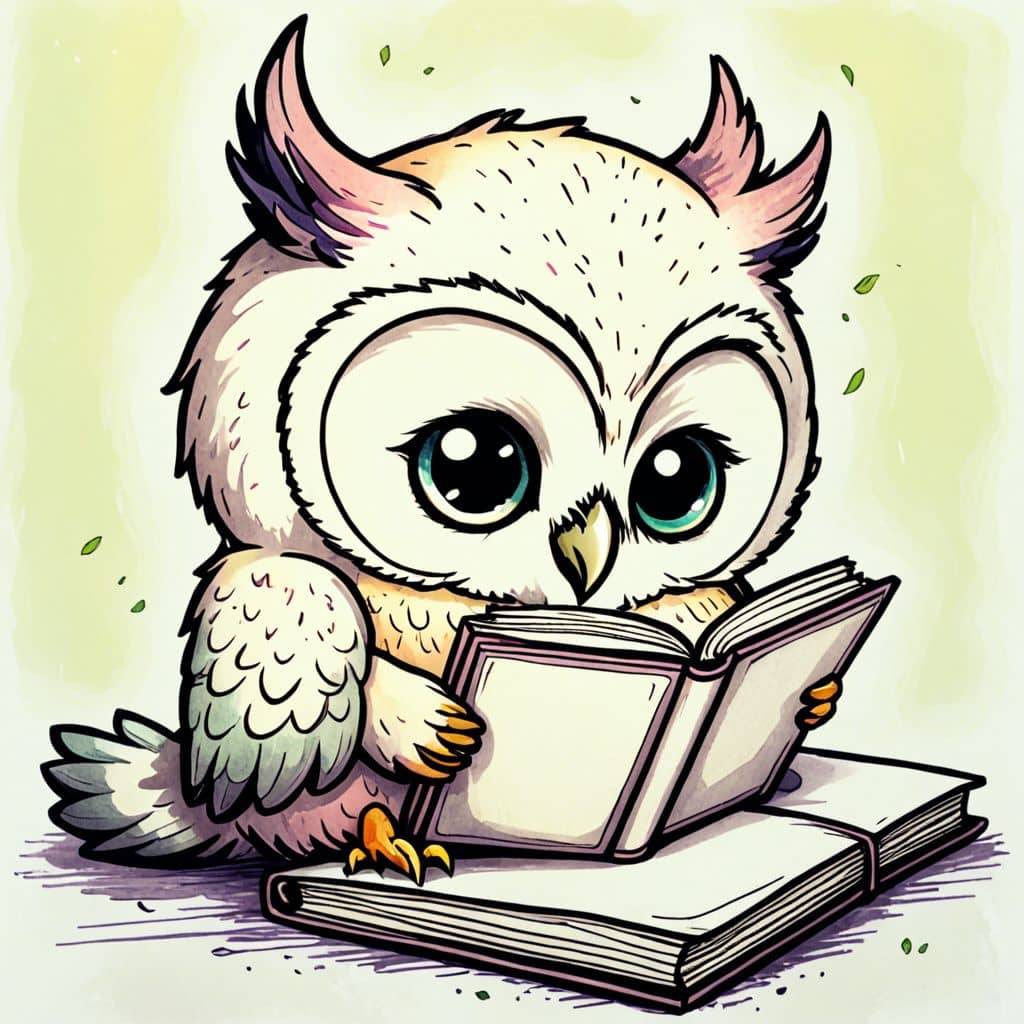 Colored Chibi Owl reading a book