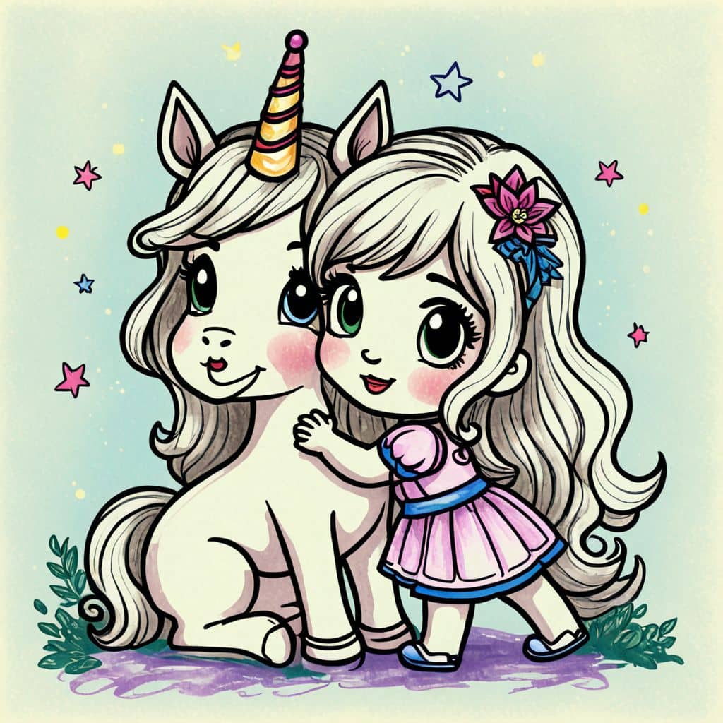 Colored Chibi princess hugging a unicorn