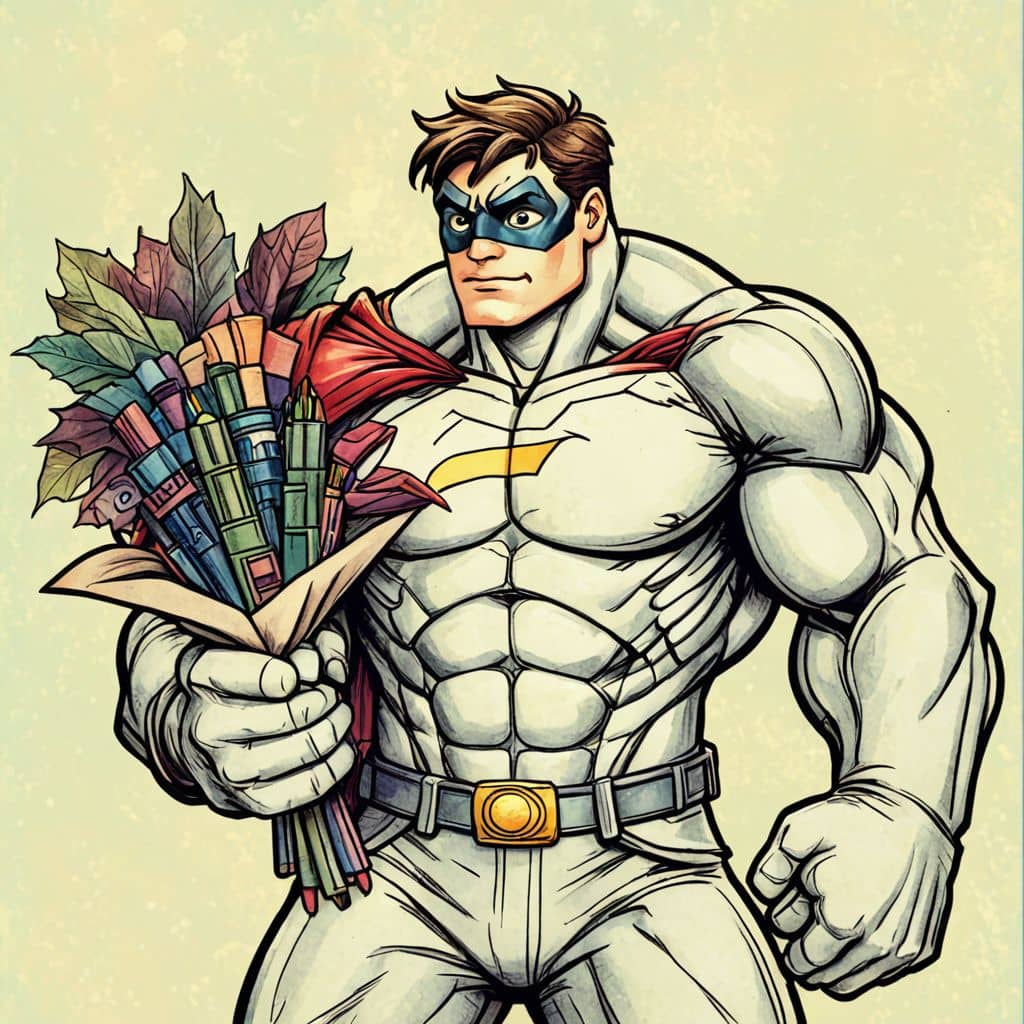 Colored Hulk - the hero from Marvel holding a bouquet of flowers.
