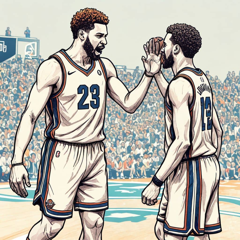 Colored Anthony Davis - the basketball player from NBA high-fiving a teammate.