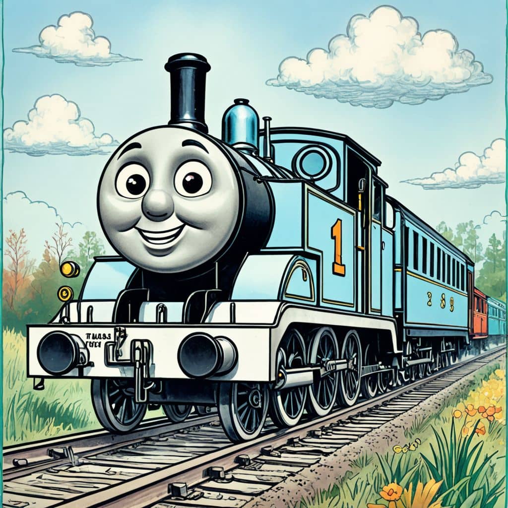 Colored Thomas-the-tank-engine from Thomas & Friends smiling at the sunrise