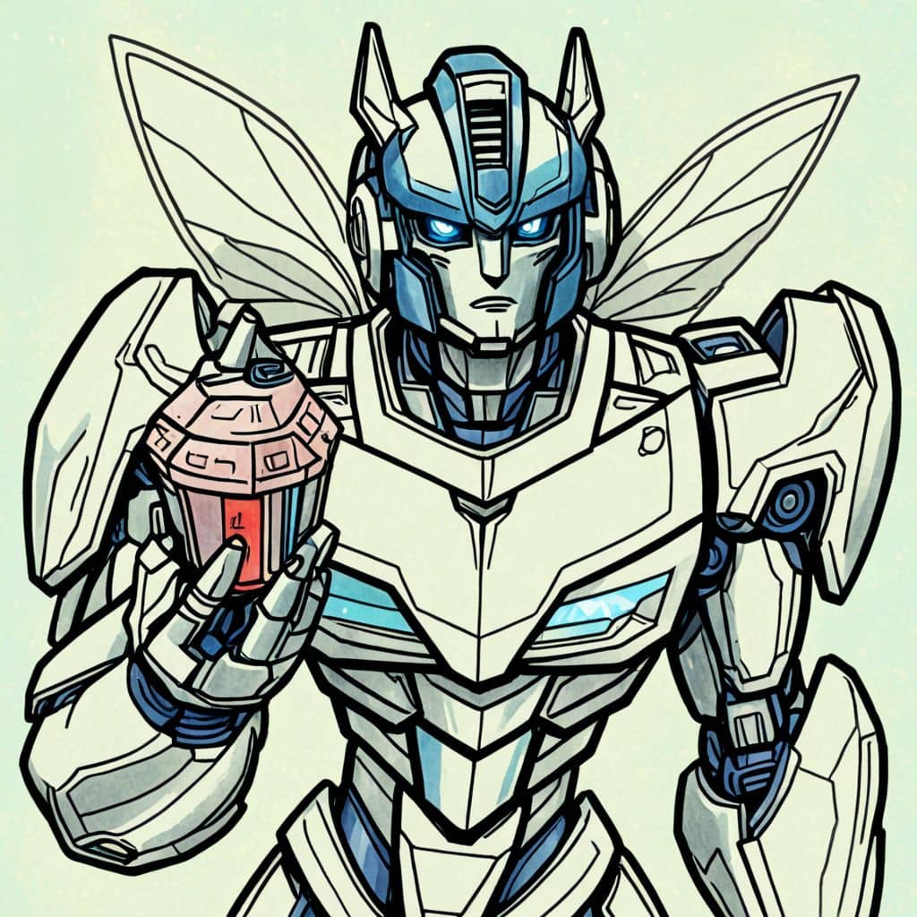 Colored Bumblebee the Transformer holding a cupcake with a smile