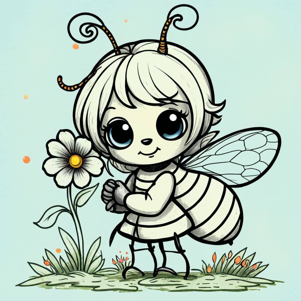 Colored Chibi Bee holding a flower