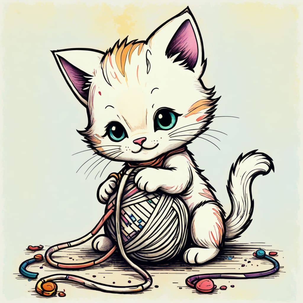 Colored Chibi cat playing with yarn