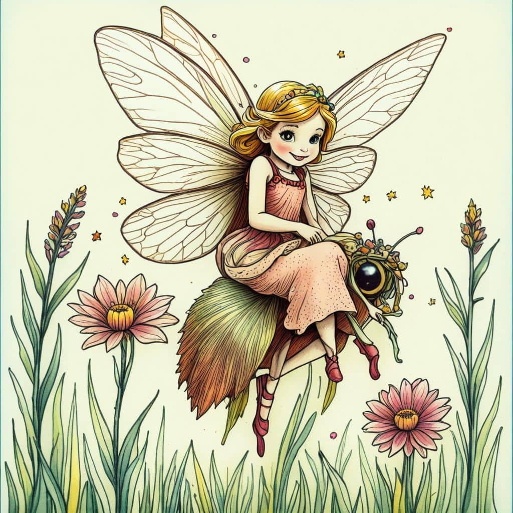 Colored Fairy riding on a bumblebee