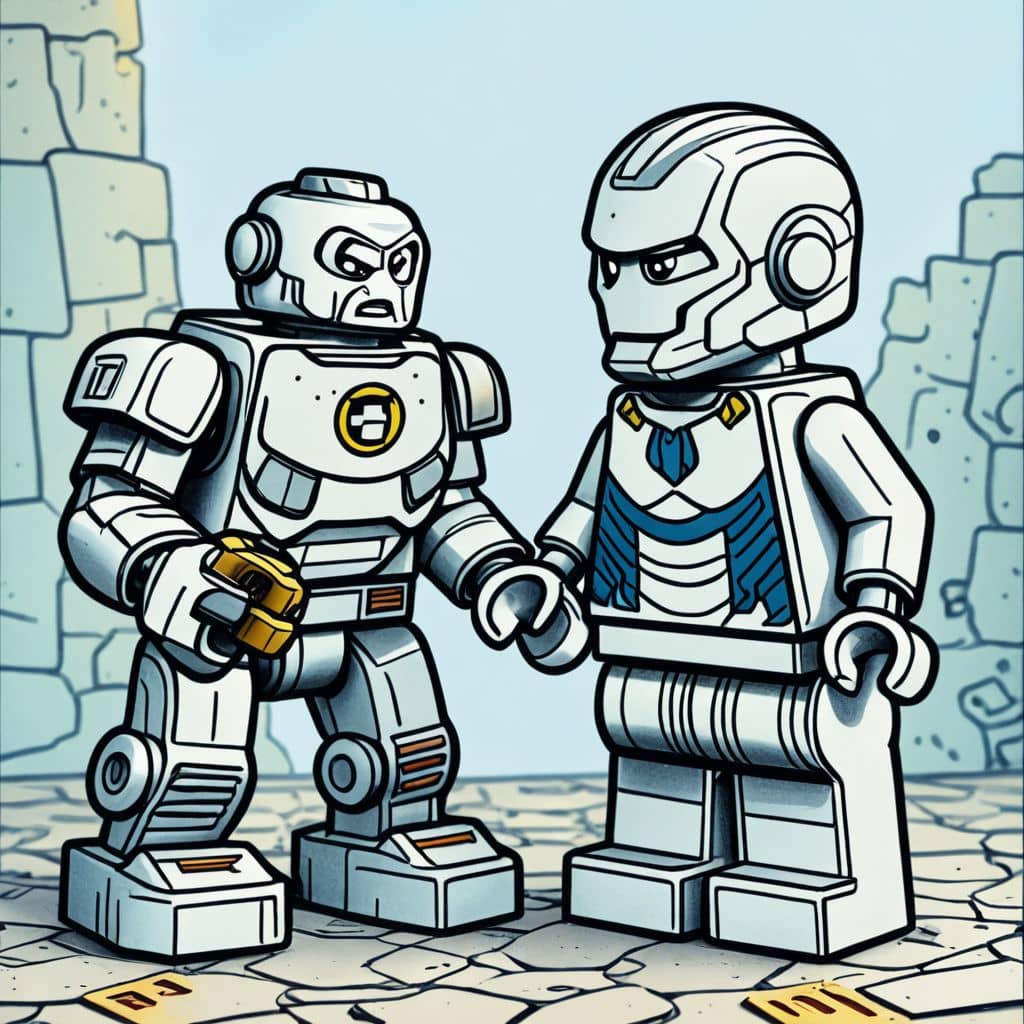 Colored Lego Iron Man examining a toy robot