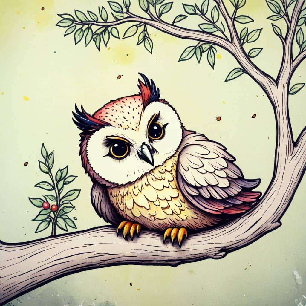 Colored Chibi Owl sleeping on a tree branch