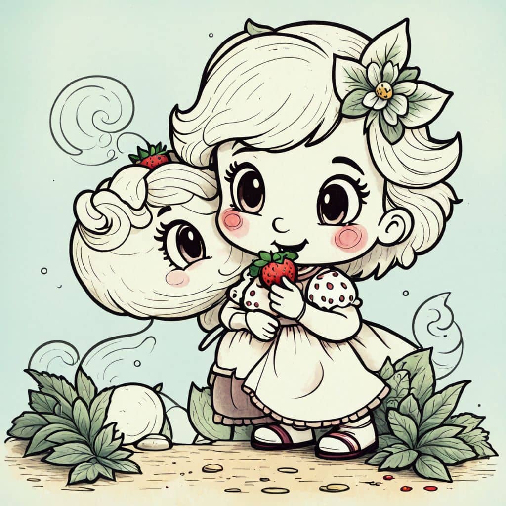 Colored Strawberry Shortcake brushing Custard's fur
