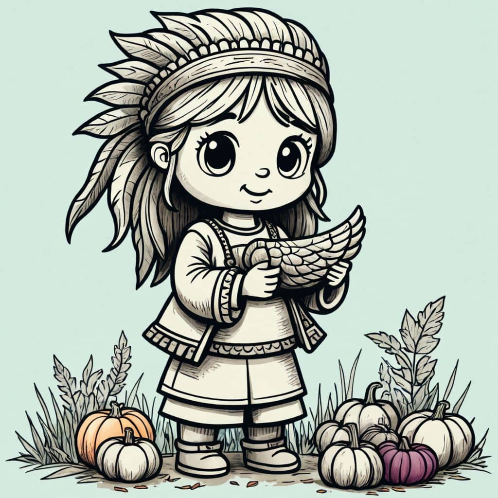 Colored Chibi Native American holding a cornucopia