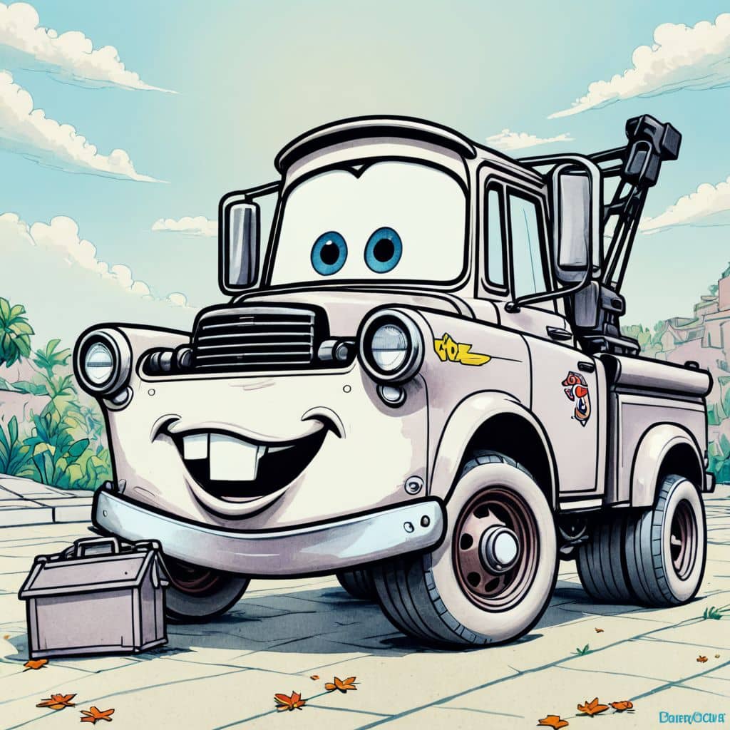 Colored Mater - the tow truck from Disney Cars grinning next to a tiny toolbox