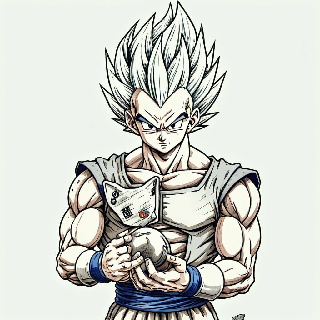 Colored Vegeta - the Saiyan prince from Dragon Ball Z holding a tiny puppy