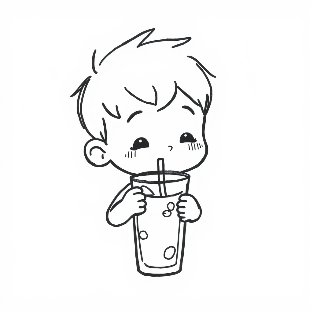 Boy drinking iced tea with straw